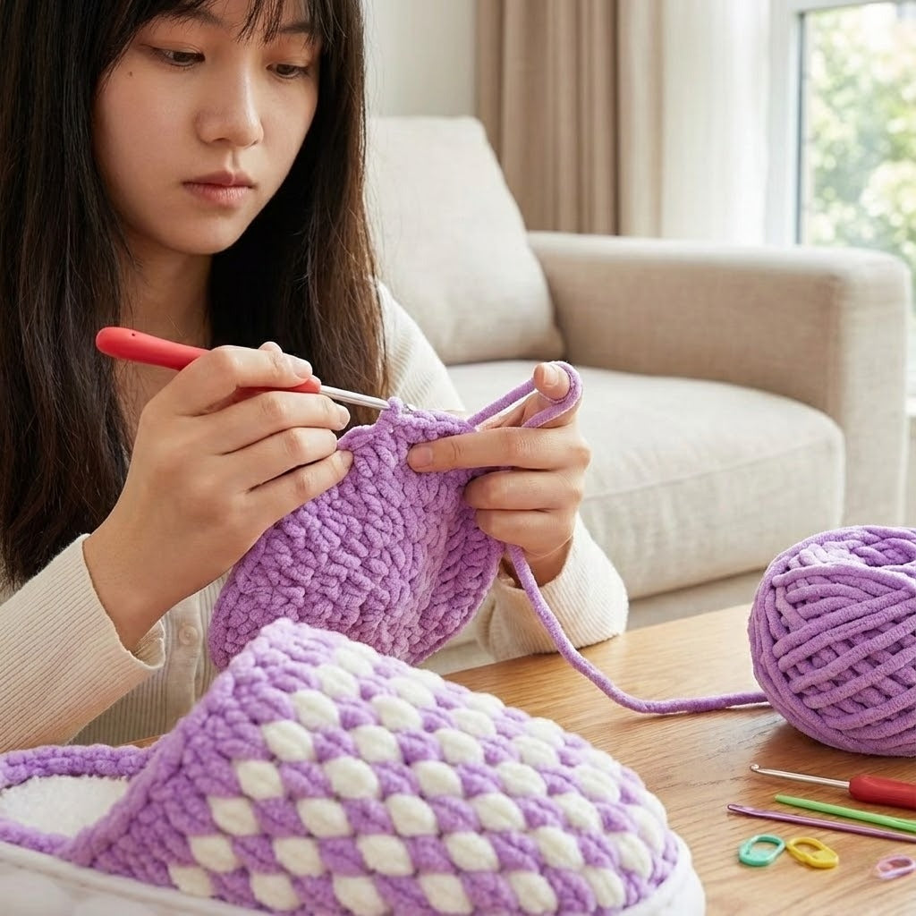 DIY Crochet Slipper Kit for Beginners - Chunky Yarn Cloud Slippers with Rubber Soles & Video