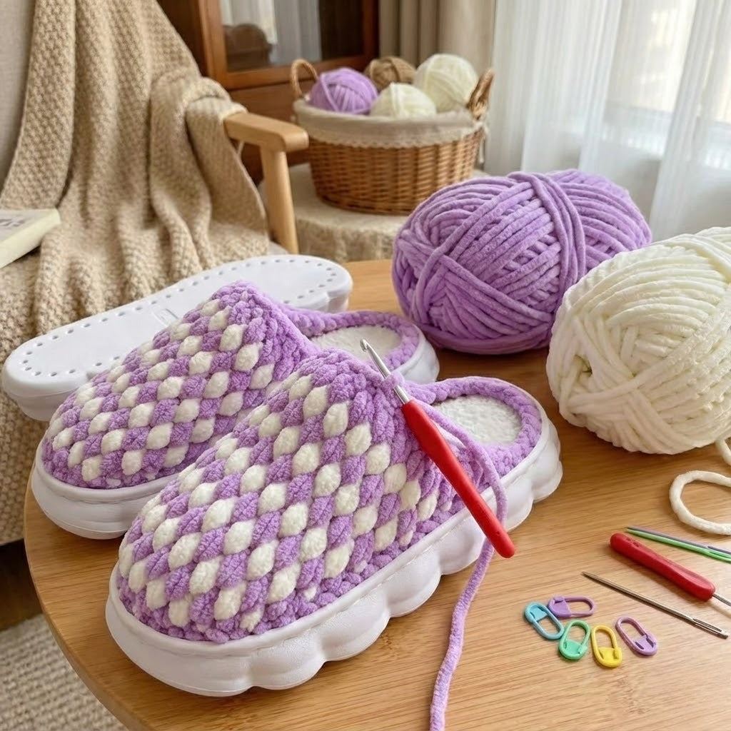 DIY Crochet Slipper Kit for Beginners - Chunky Yarn Cloud Slippers with Rubber Soles & Video