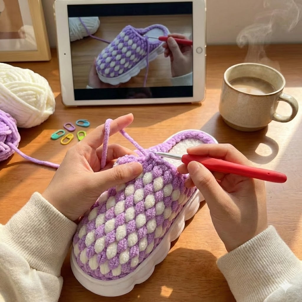 DIY Crochet Slipper Kit for Beginners - Chunky Yarn Cloud Slippers with Rubber Soles & Video